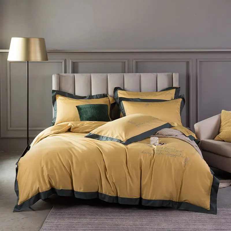

Quality Egyptian Cotton Bedding Set Queen King Size Simple Embroidery Duvet Cover Bed Sheets Yellow Blue Green White Gray Pink
