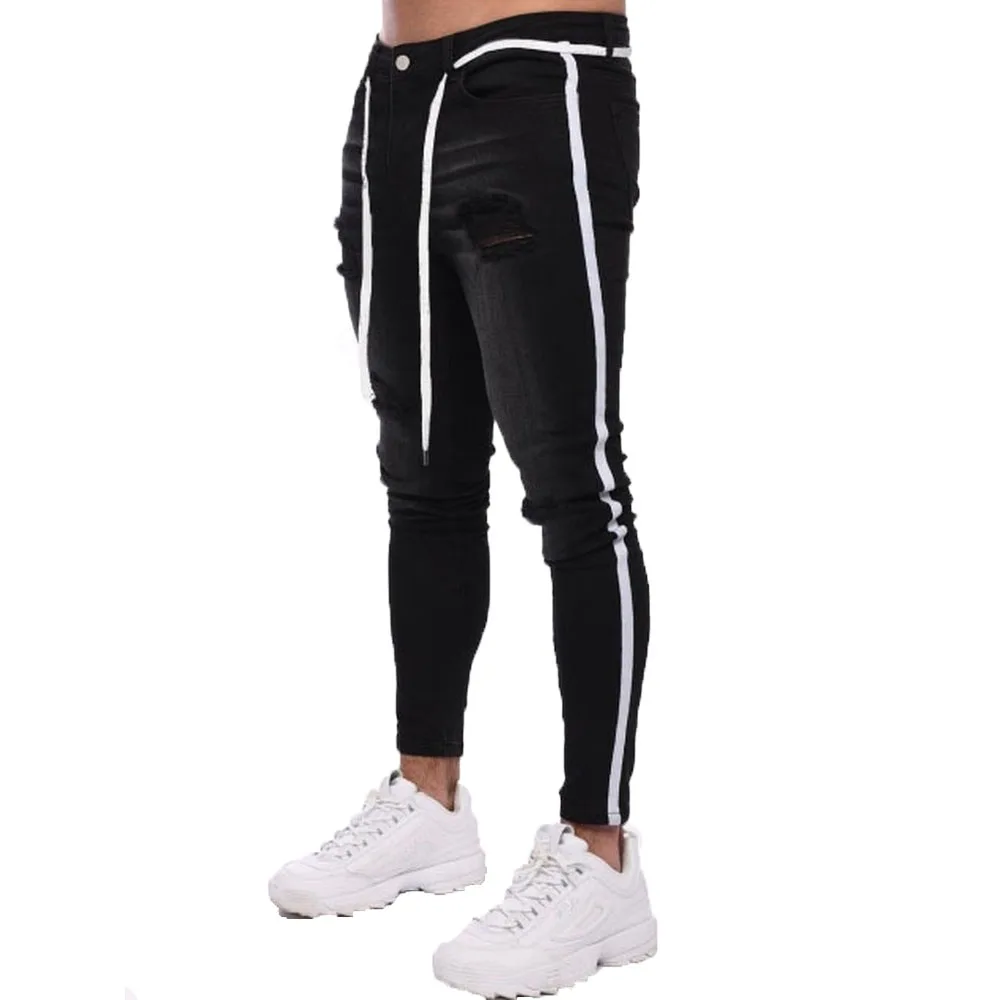 Мужские джинсы скинни с полосками повседневные рваные в стиле пэчворк длинные