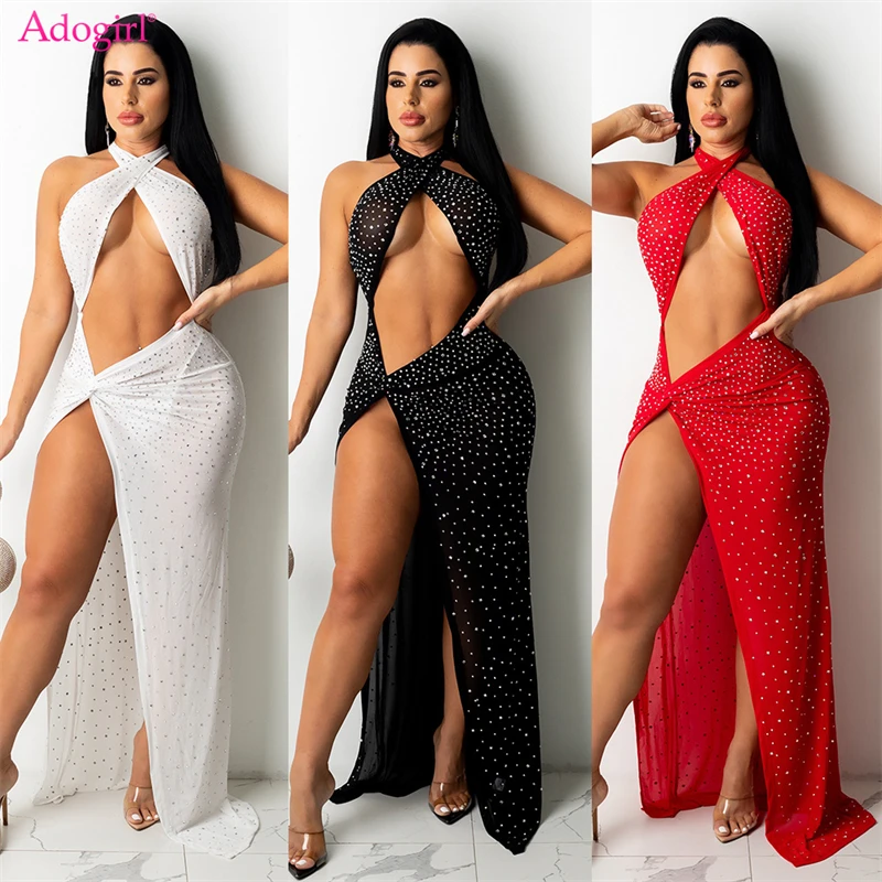 

Adogirl Diamonds Maxi Party Dress Women Sexy See Through Hollow Out Cross Halter Sleeveless High Split Long Robe Club Vestidos