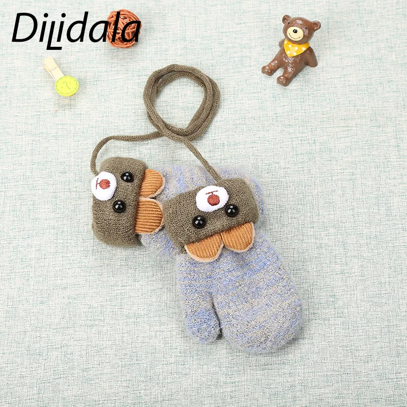 Dilidala/Детские перчатки с милыми ушками медведя из мультфильма; зимние вязаные шерстяные перчатки высокого качества; двухслойные бархатные толстые зимние перчатки для женщин
