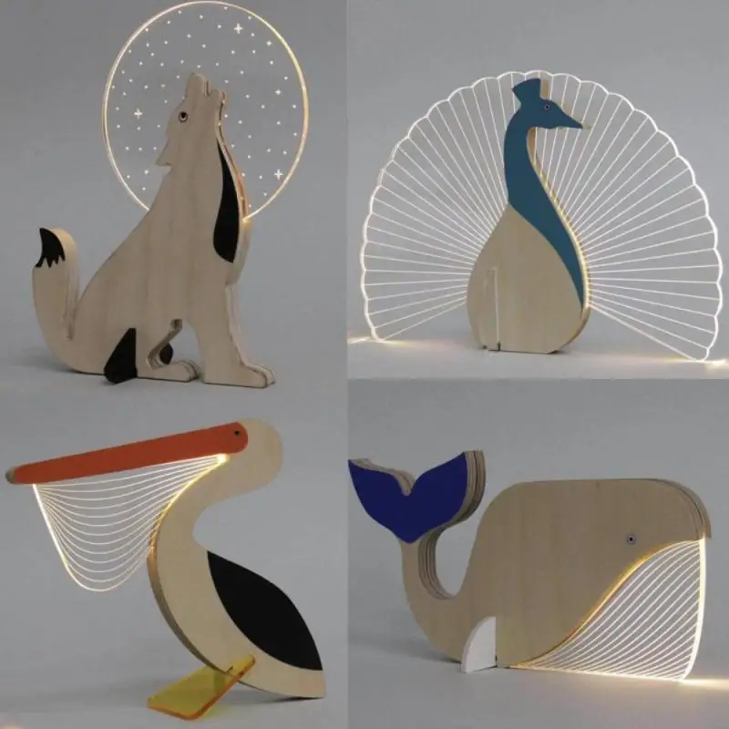

LED Pelican Decorative Light Bedroom Transparent Art Decorations Whale Peacock Wooden Ornament Home Pelican Lighting Decoration