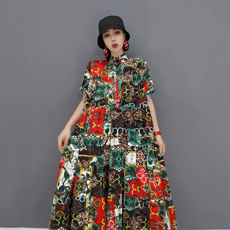 

XITAO Chiffon Print Dress Fashion Loose Large Sizer Fold Splicing Women Contrast Color Shirt Dress 2021 Summer New WMD1898