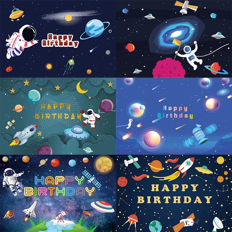 

Outer Space Backdrop Happy Birthday Party Planet Galaxy Astronaut Photography Background Photographic Banner