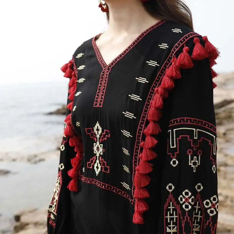 Boho Inspird женская блузка рубашка Ретро Народная украинская вышивка блузки в богемном стиле бахрома с кисточками Топ с длинным рукавом льняные блузы