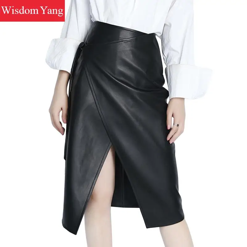 

Autumn Genuine Leather Sheepskin long Skirts Womens High Waist Black Korean Sexy Party Sexy Vintage Midi Asymmetrical Skirts