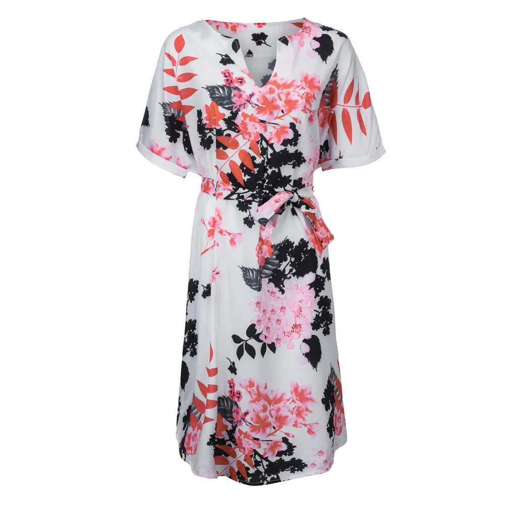 Женское платье с v образным вырезом и коротким рукавом летнее цветочным принтом