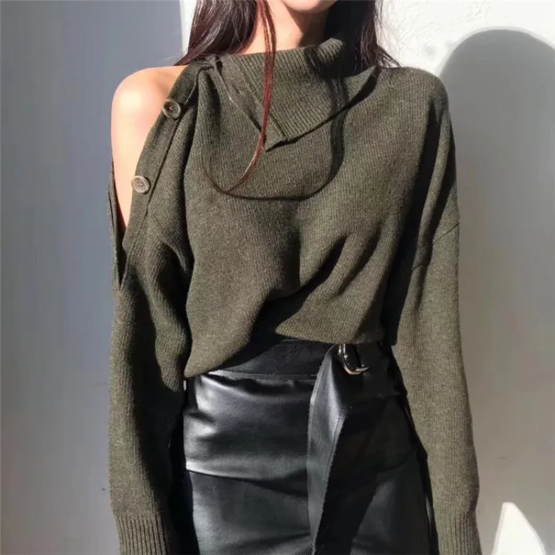 

Elegant Women Sweaters Sexy Hollow Out Turtleneck Loose Knitted Pullover Female Casual Solid Tops Outwear Khaki Vintage Clothing