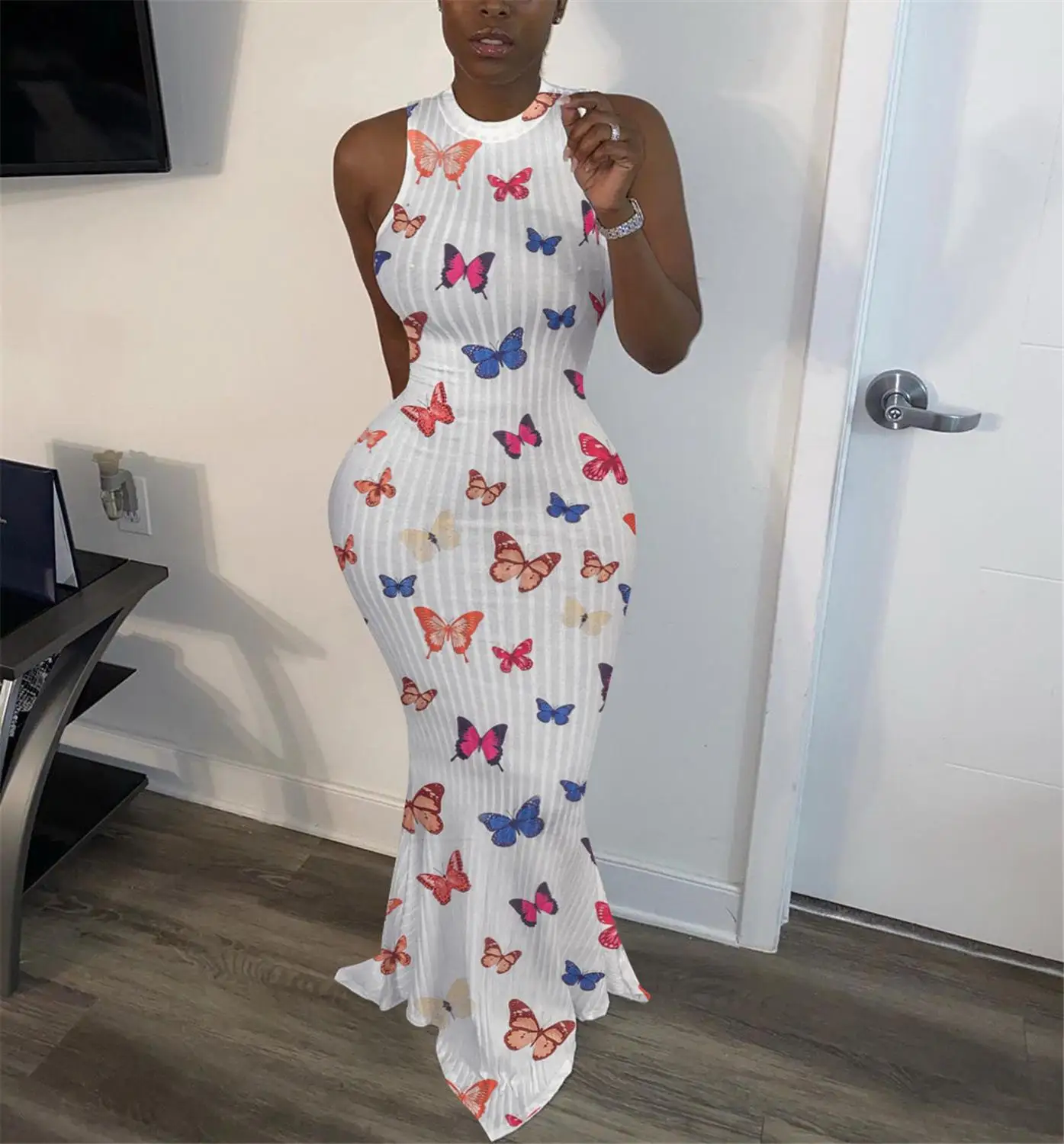 Женское повседневное облегающее платье майка без рукавов с принтом бабочки