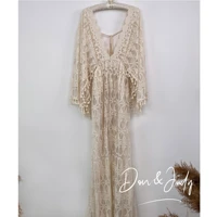 donjudy vintage beige boho maternity dresses women dress long sleeves v neck prom party gowns for photo shoot 2021