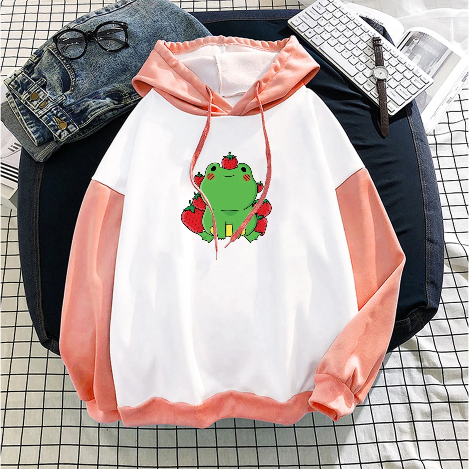 

Hoodie Women Sweatshirt Autumu Streetwear Tops Long Sleeve Hoodies Pullover Girls Oversize Sweatshirt Print Cute Color Patchwork