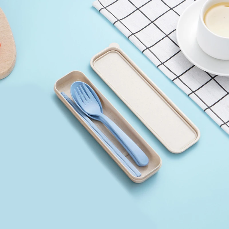 

3pcs/set Travel Cutlery Portable Cutlery Box Japan Style Wheat Straw Knife Fork Spoon Student Dinnerware Sets Kitchen Tableware