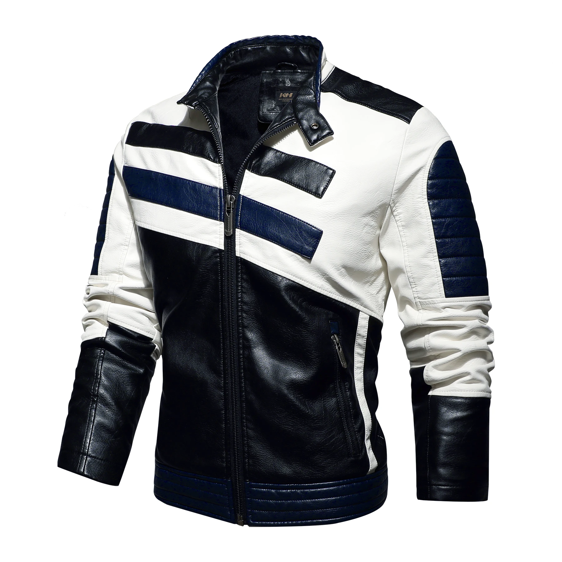 

Mens Motorcycle Jacket Leather Striped Patchwork PU Leather Jacket Autumn Winter Slim Jacket Mens High Street Irregular Design