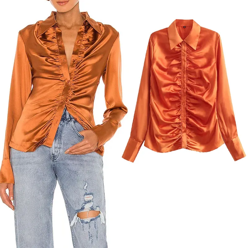

Xypskh Za Women Chic Fashion Folds design Silk satin Blouses Vintage Long Sleeve Button-up Female Shirts Blusas Chic Tops