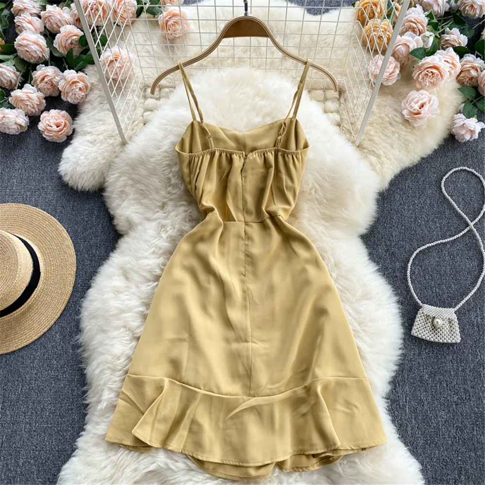 

Summer Beach Sling Dress For Women Fashion Sexy Square Neck Draped Short Ruffled Short Dresses Robe Vestidos Female Clothes 2021