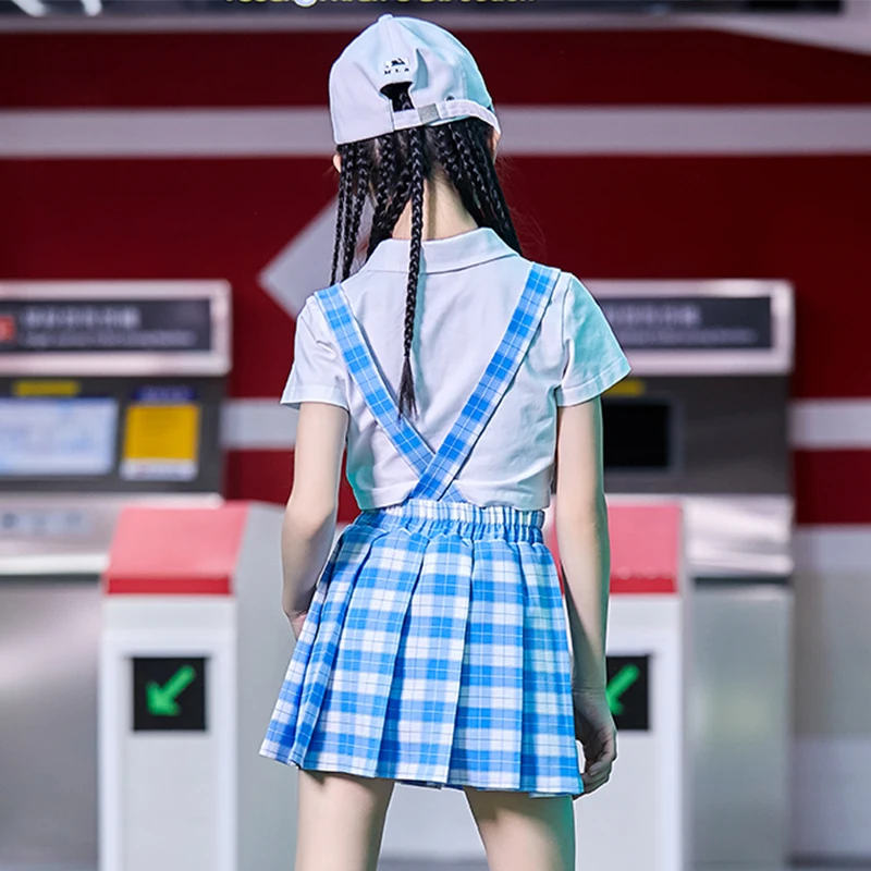 

Children Hip Hop Dance Costumes Girls Jazz Performance Clothing Stage Outfit Cute Blue Suspender Skirt Kids Modern Wear