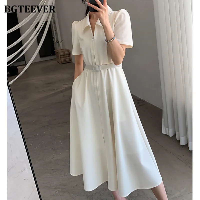 

BGTEEVER Summer Fashion Turn-down Collar Women Dress Short Sleeve Zippers Belted Slim Waist Ladies Vestidos Female A-line Dress