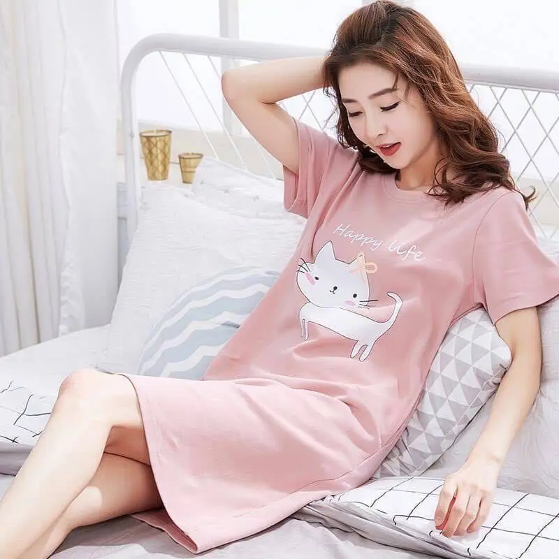 

2020 New High Quality Cotton Nightgown Women Cute Cotton Nightdress Cartoon Sleepwear Short Sleeve Casual Nightwear Sleepshirts
