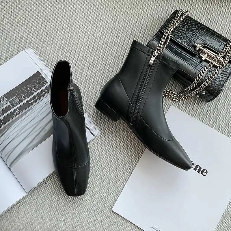 

Lenkisen fashion European stretch leather square toe low heels daily wear solid zipper winter keep warm women ankle boots L16