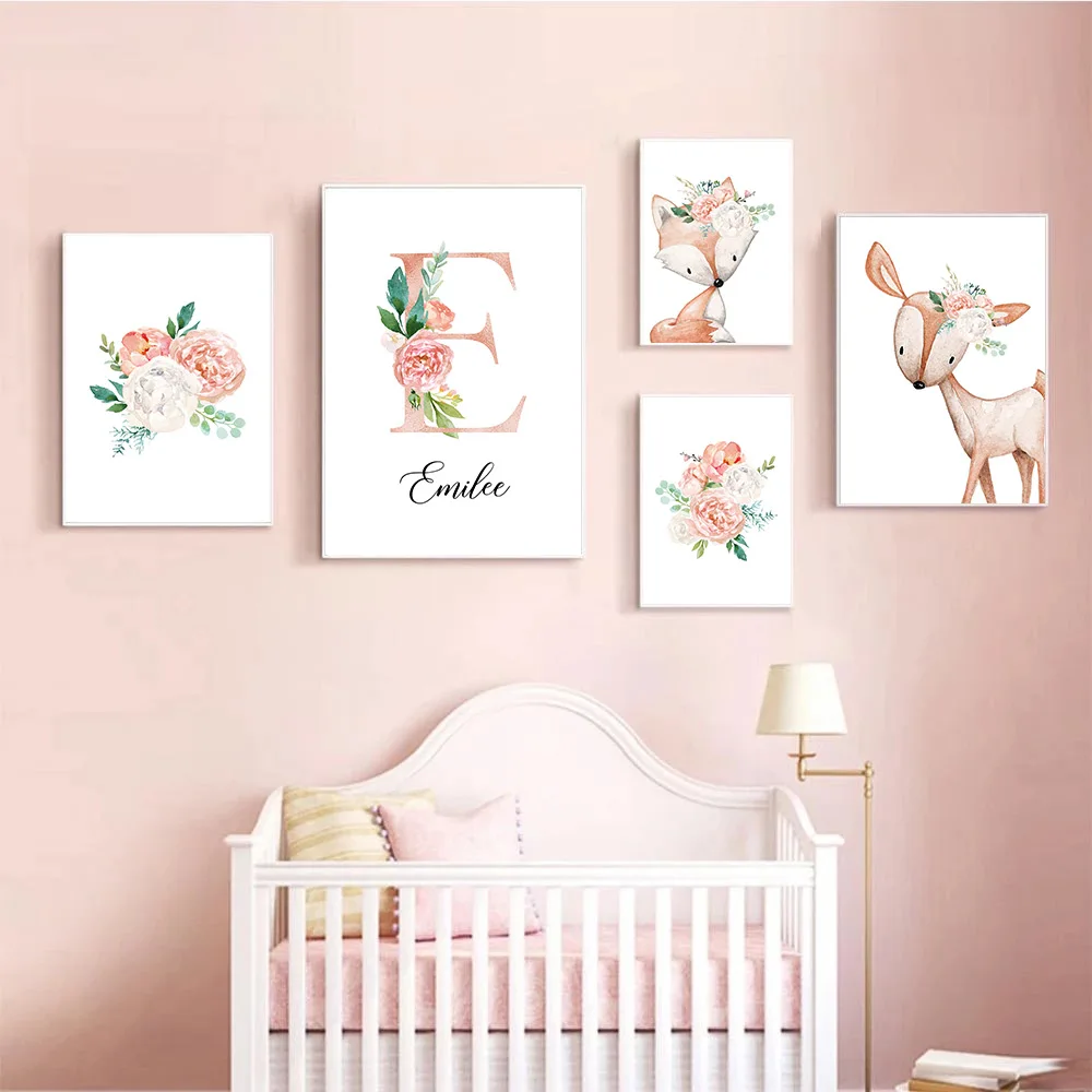 

Baby Custom Name Poster Painting Pink Flower Woodland Animal Canvas Prints Fox Deer Nursery Wall Art Pictures Girls Room Decor