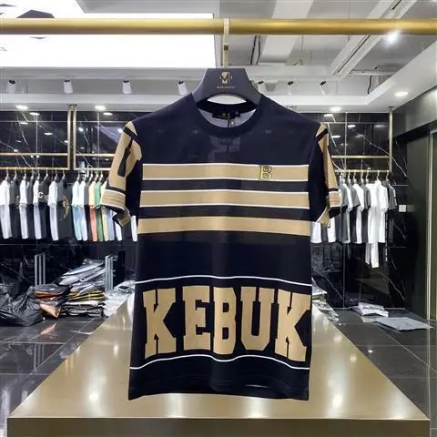 

Europe and the United States 2021 new summer fashion short sleeve men's trend handsome versatile slim stripe printed mercerized