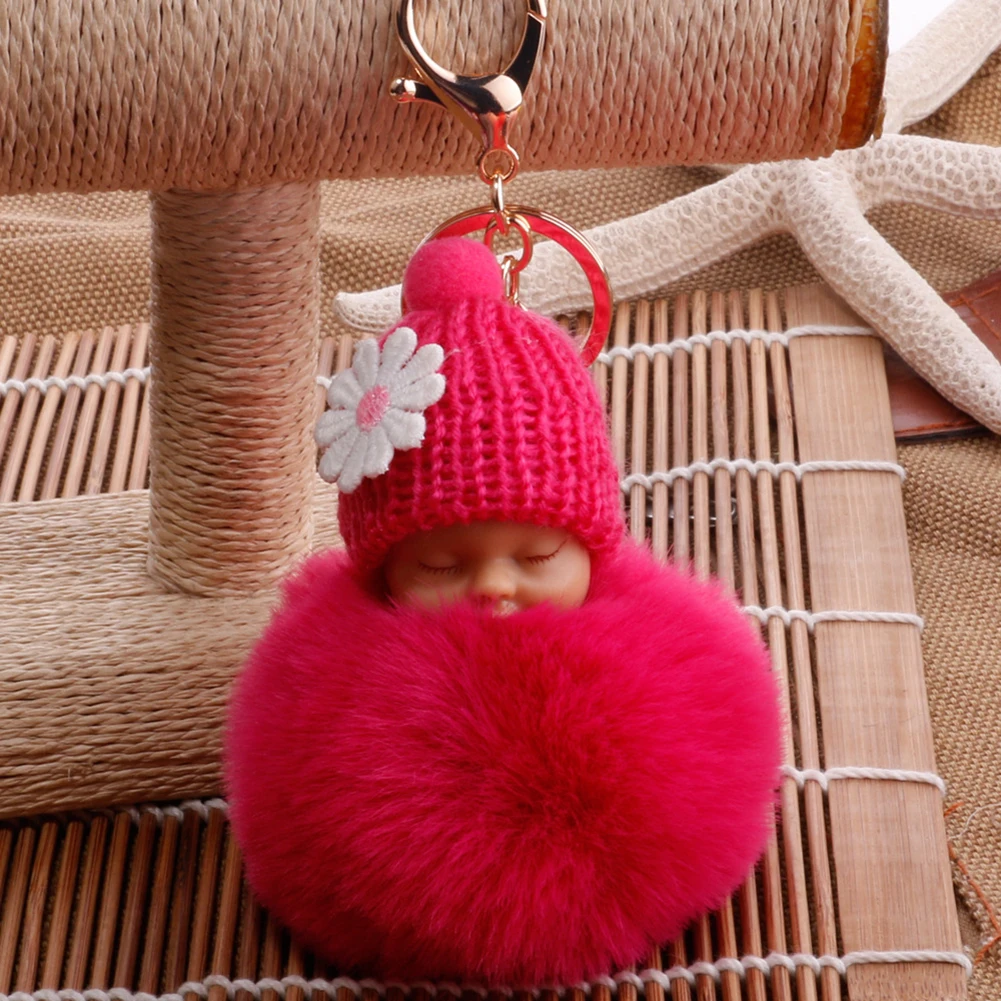 2021 New Cute Sleeping Baby Fluffy Pompom Plush Doll Hanging Pendant Key Ring Keychain/key ring Keychain HOT | Украшения и