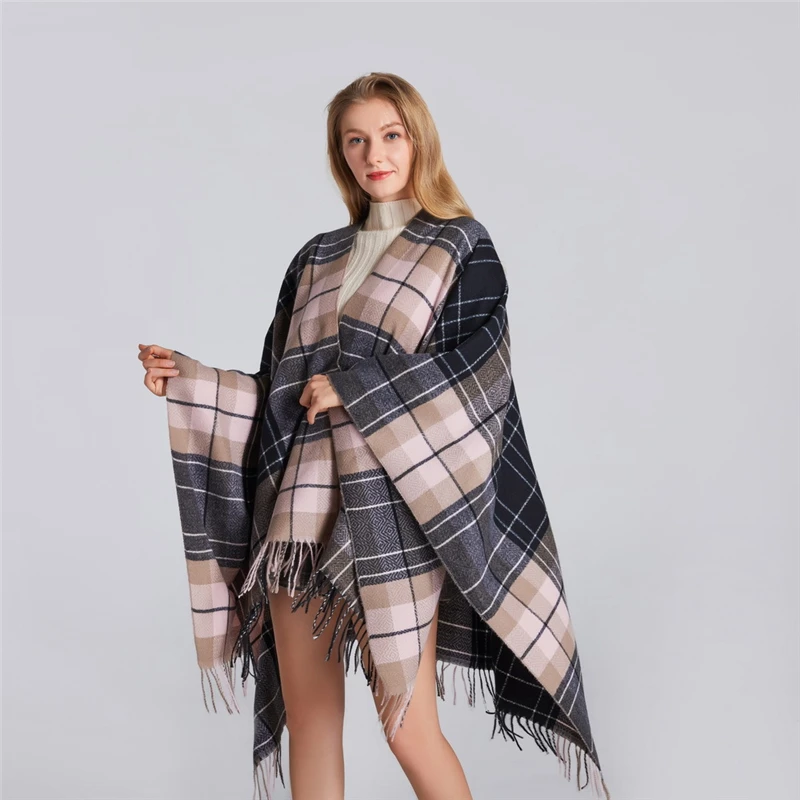 

Classic Ponchos Blanket Plaid Cloak New 2020 Women Poncho Cashmere Caps Fashion Big Thick Warm Scarf All-match luxury brand