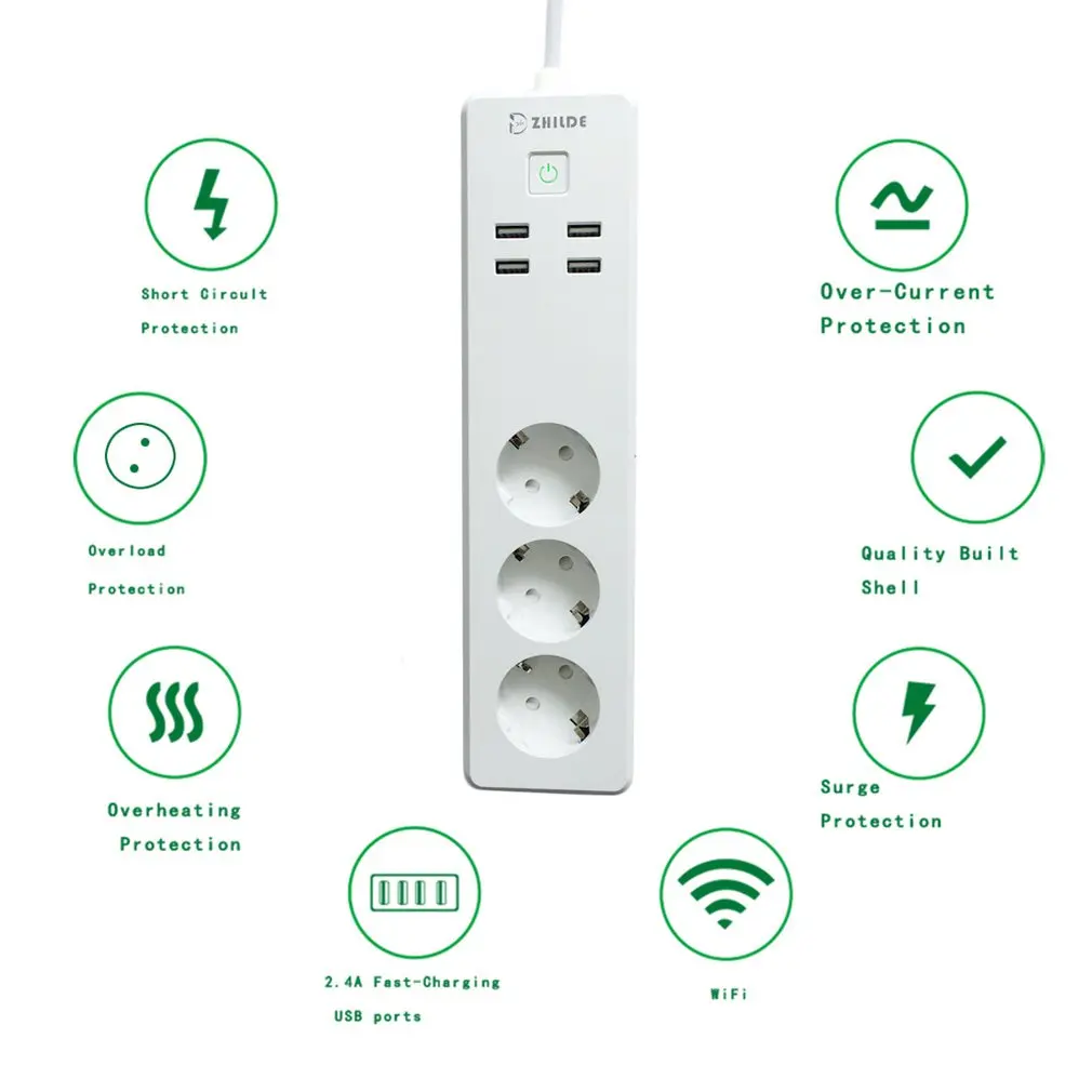 Wifi Smart Power Strip 4 EU Outlets Plug With USB Charging Port Timing App Voice Control Home Assistant | Электроника