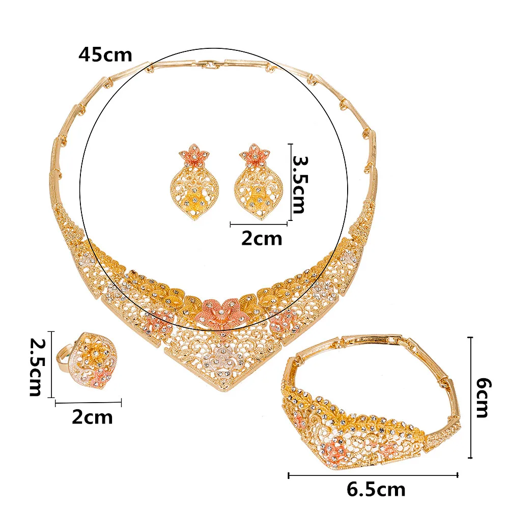 Набор ювелирных изделий Dubai Crystal Necklace Classic Bracelet Earrings Ring African Charm Women Fashion Wedding Party.