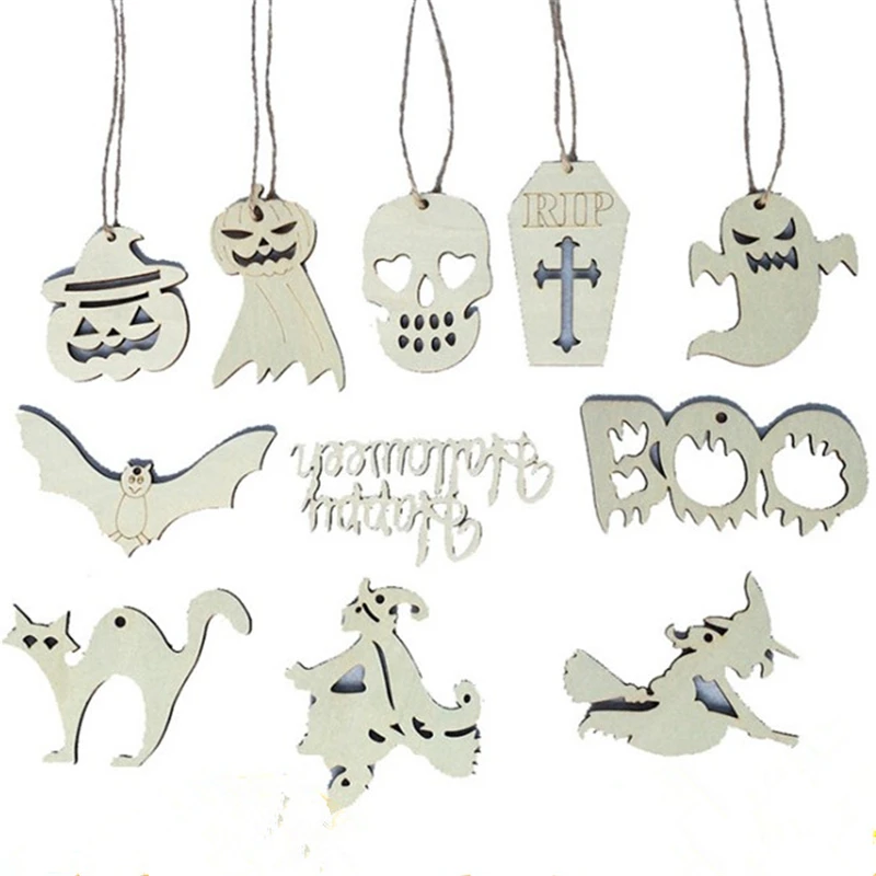 

10Pcs Halloween Pumpkin Wood Ornament With Rope Bat Spider Wall Hanger Party Decoration DIY Wooden Craft Hanging Pendant