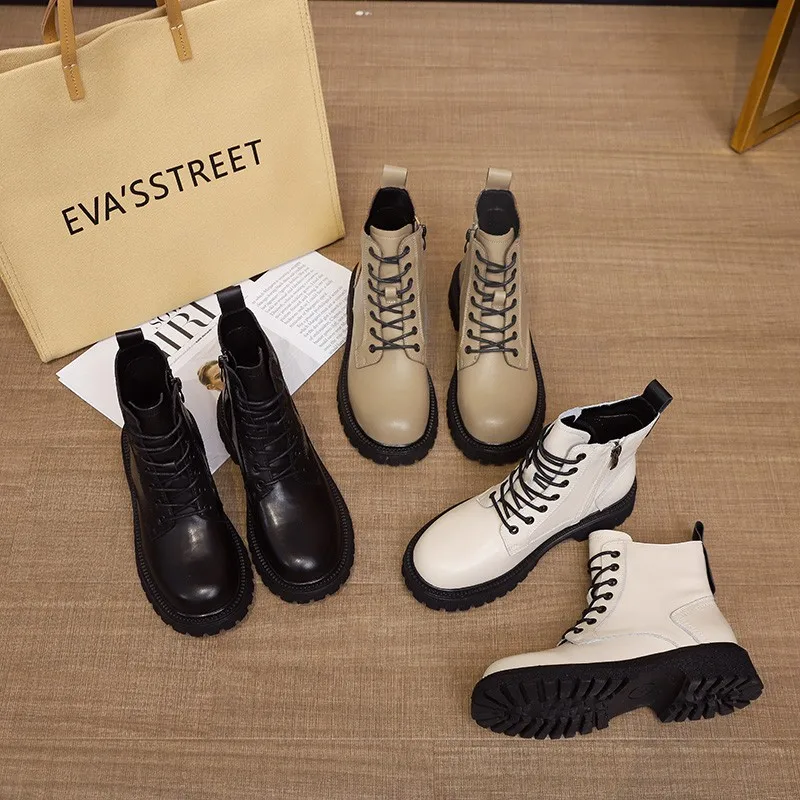 

2021 Autumn New Women's Shoes High Top Thick Heel Round Head Black Martin Boots Short Boots.