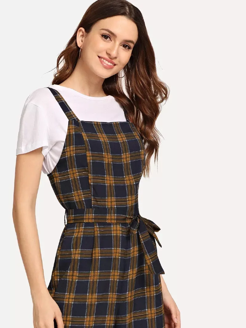 Женские винтажные комбинезоны в клетку свободные без рукавов с широкими