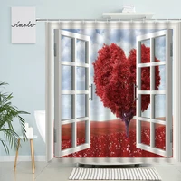 garden window view shower curtain red love trees natural scenery valentine day girl bathroom decor with hook waterproof screen
