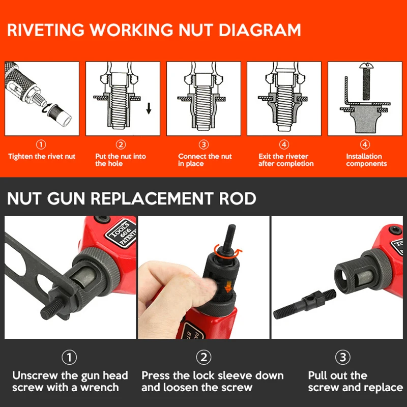 

BT-606 RIVET NUT TOOL Hand Blind Riveter Hand Riveter Rivet Gun with 5 Metric Mandrels 50pcs Rivnuts