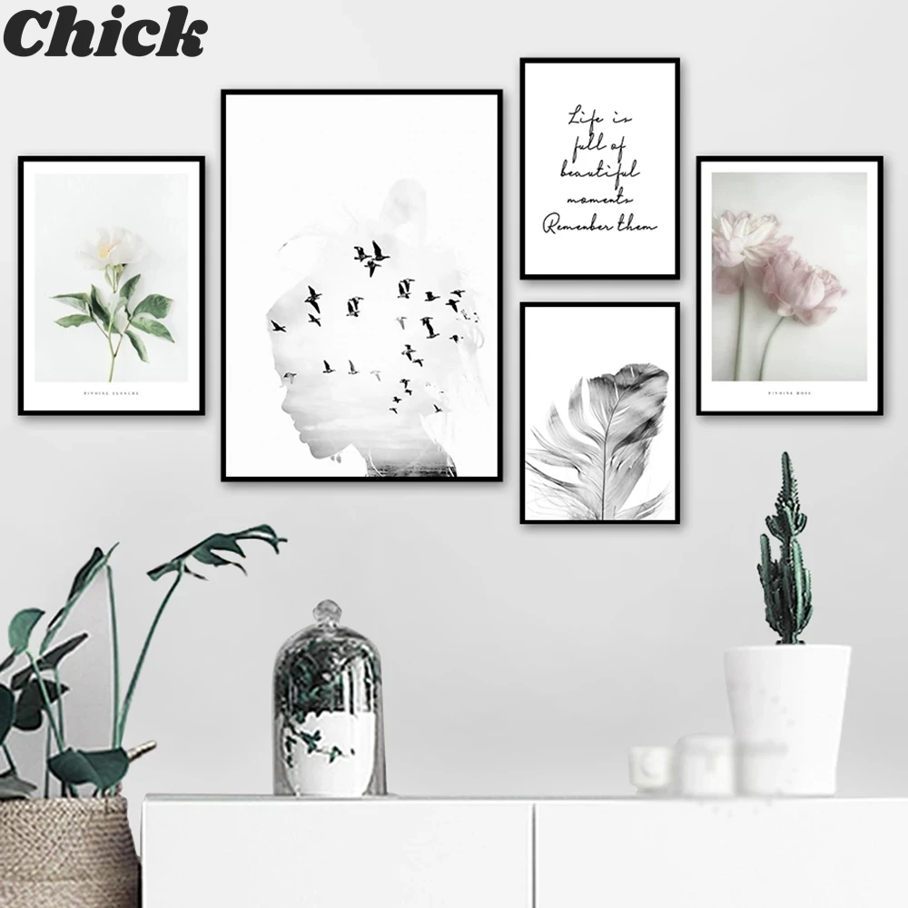 

Girl Bird Flower Feather Landscape Wall Art Quotes Canvas Painting Nordic Posters And Prints Wall Pictures For Living Room Decor