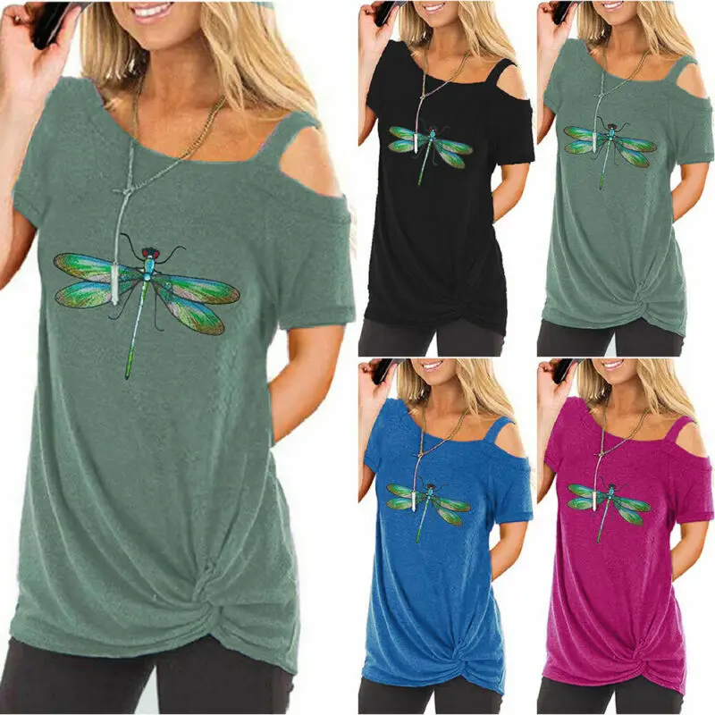 

Women Ladies Short Sleeve One Shoulder Dragonfly Print T Shirt Casual Top Blouse