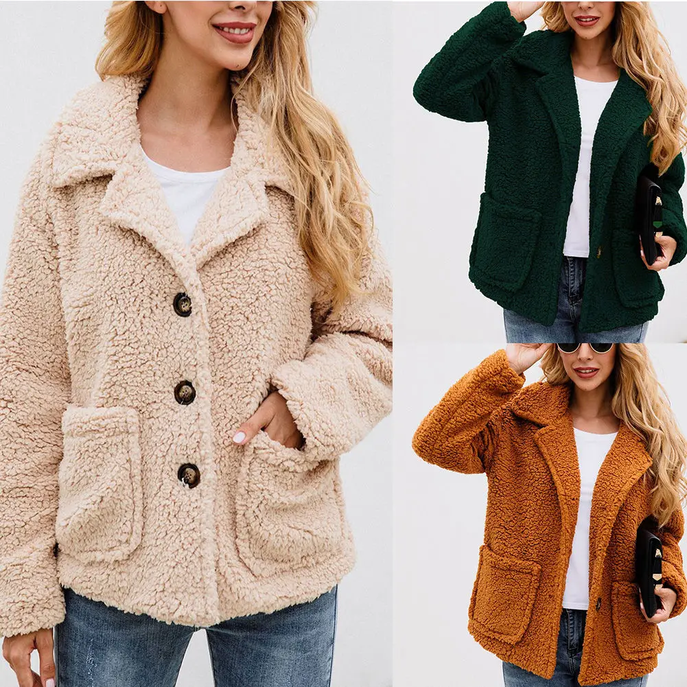 

New Women Winter Lapel Buttons Jacket Long Sleeve Solid Color Casual Comfortable Plush Coat Jacket With Pockets Ladies Coat