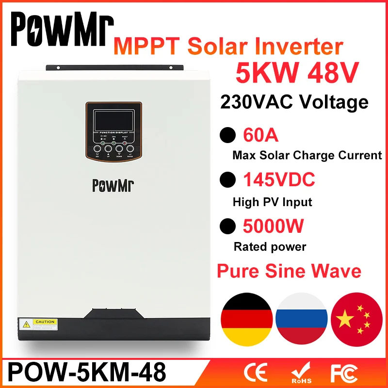 

PowMr 5KVA 5000W MPPT 60A Pure Sine Wave Inverter Off Grid Solar Hybrid Inverter 48V 220V 50HZ 60HZ Auto Max 145V 3000W PV Input