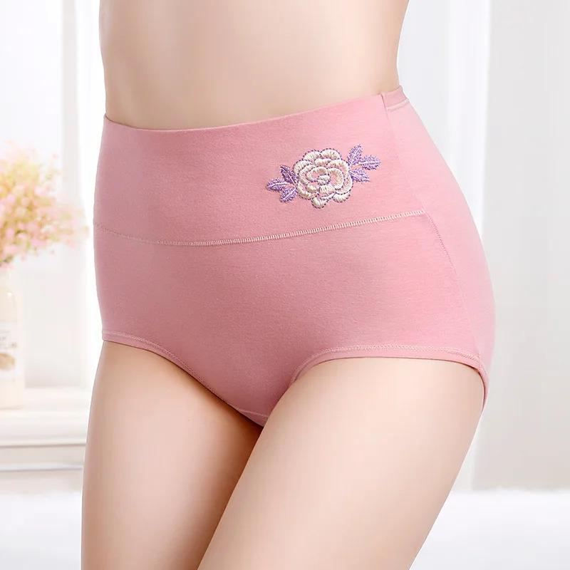 

Cechikochi 3 Pieces Cotton Women's High Waist Panties With Belly Button Embroidery Flower Ladies Underwear Breathable Briefs