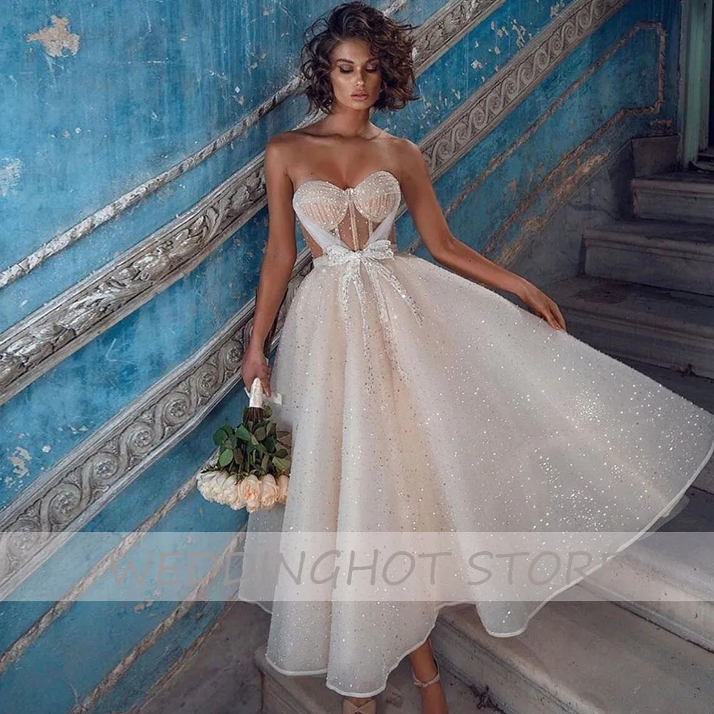 

SparkleTulle Evening Dresses 2021 Women Tea-Length Sexy Strapless Sweetheart A-Line White Prom Gowns Eleglant Vestidos de fiesta