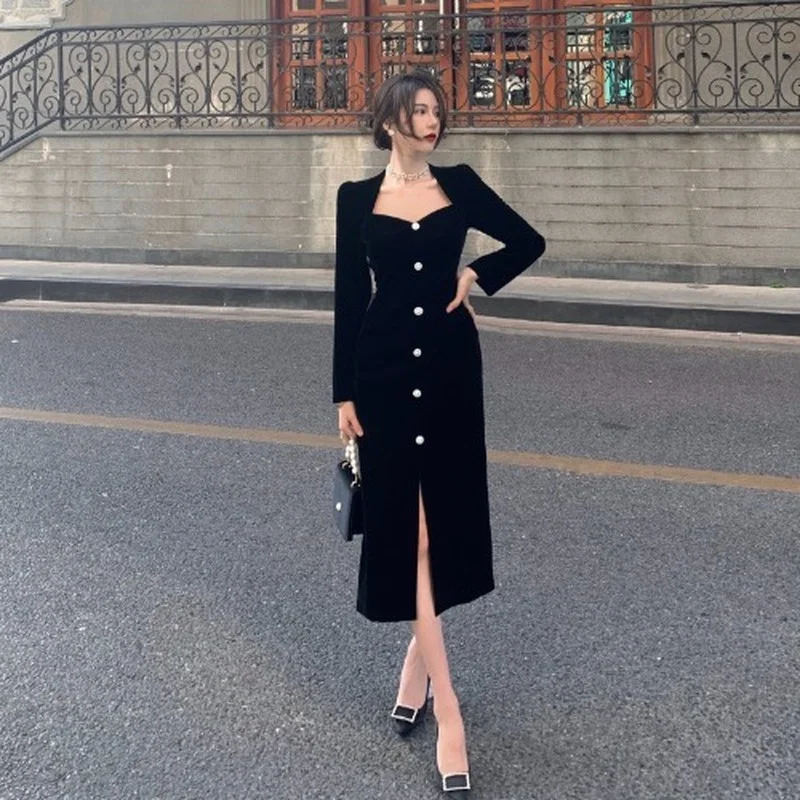 

Vintage Velour Black Temperament Dress Women Chic France High Waist V Neck Hip Split Bodycon Vestidos Long Sleeve Robe Party2021