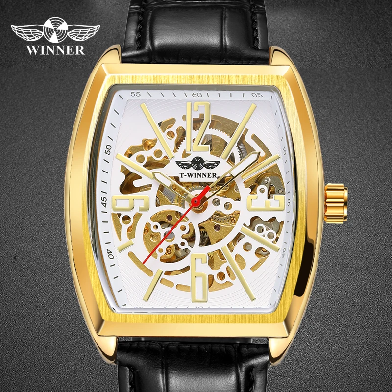 

WINNER Men Watches Black Gold Automatic Male WristWatch 2020 New Watches Hollow Design rectangle Dial Relogio Masculino