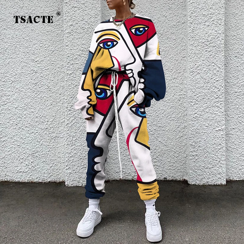 Spring New Streetwear Trend Long-Sleeve Two-Piece Set Women's Autumn Round Neck Loose Casual Sport Colorful Printed Sweater Suit