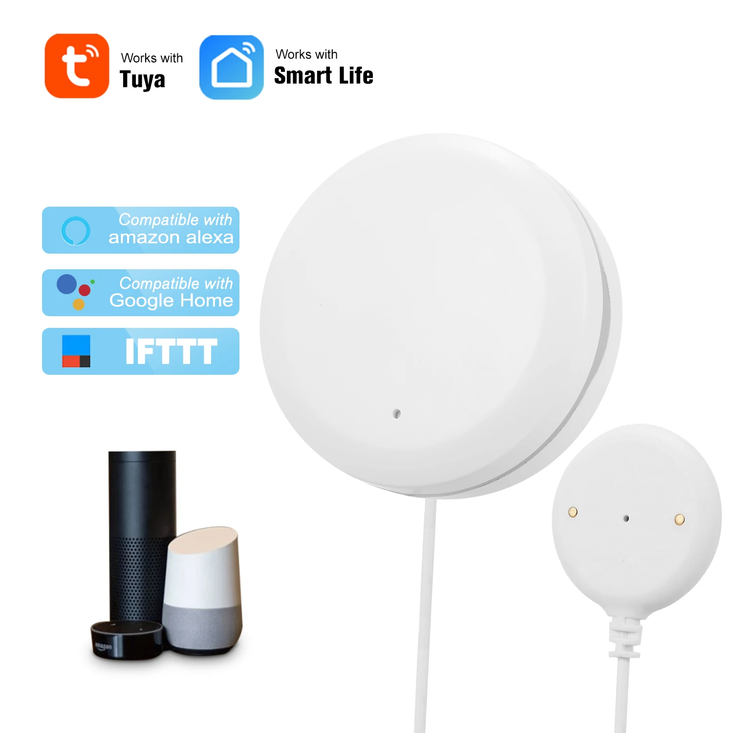 

Умный датчик утечки воды Tuya, Wi-Fi детектор проникновения воды с сигнализацией перелива, совместим с Alexa Google Home, IFTTT Tuya