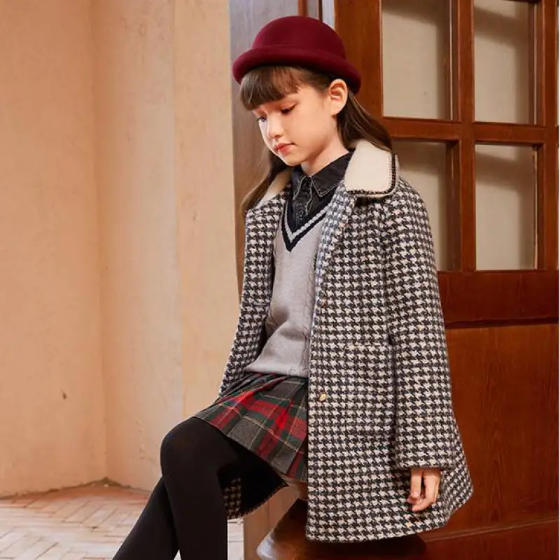 

Autumn Winter Fashion Plaid Overcoats For Girls Thickening Turn Down Collar Warm Long Coats 3-14 Years Children Teens Outerwear
