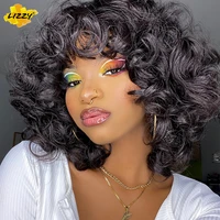 short hair curly wigs with bangs for black women loose synthetic cosplay african natural black fluffy shoulder length dark brown
