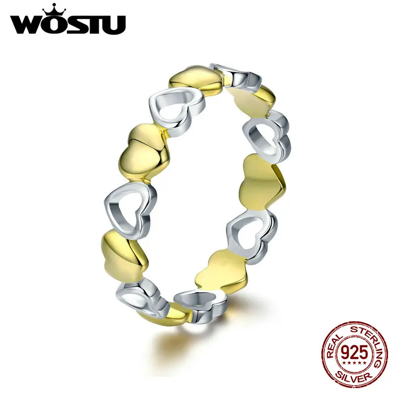 WOSTU Настоящее серебро 925 пробы штабелируемое Золотое кольцо с сердцем для женщин