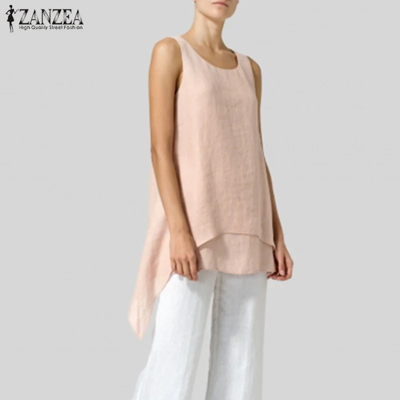 

Women Asymmetrical Blouse Blusas Female Shirts Elegant Solid Tank Tops ZANZEA 2022 Casual Sleeveless Camis Tunic Top