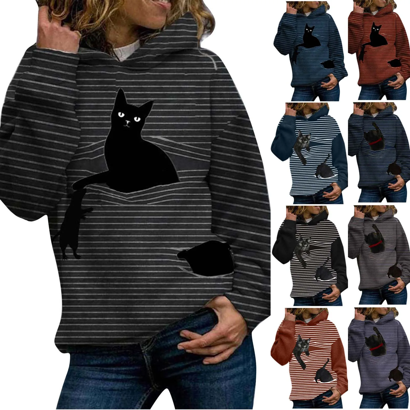

Kawaii Women Hood Stripe 3d Cat Printing Long Sleeves Pullover Blouses Sweatshirt Tops Harajuku Korean Sweatshirts Sudaderas