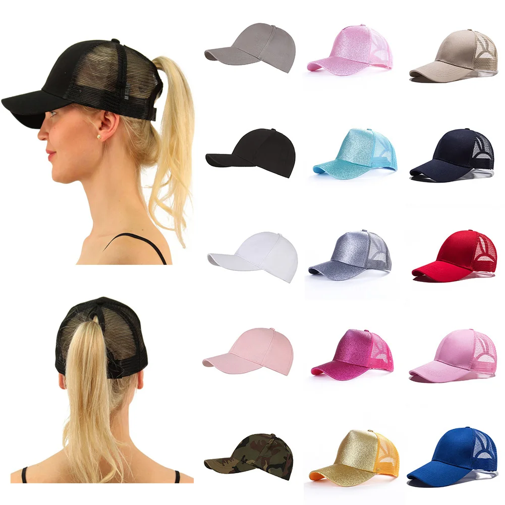 

Women Glitter Ponytail Baseball Cotton Cap Adjustable Snapback Hip Hop Hat Sun Protection Casual Solid Color Caps For Unisex