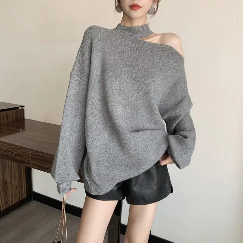 

Deeptown Korean Style Knitted Sweater Women Grey Hollow Open Shoulder Long Sleeve Pullover Autumn Loose Sexy Oversized Jumper